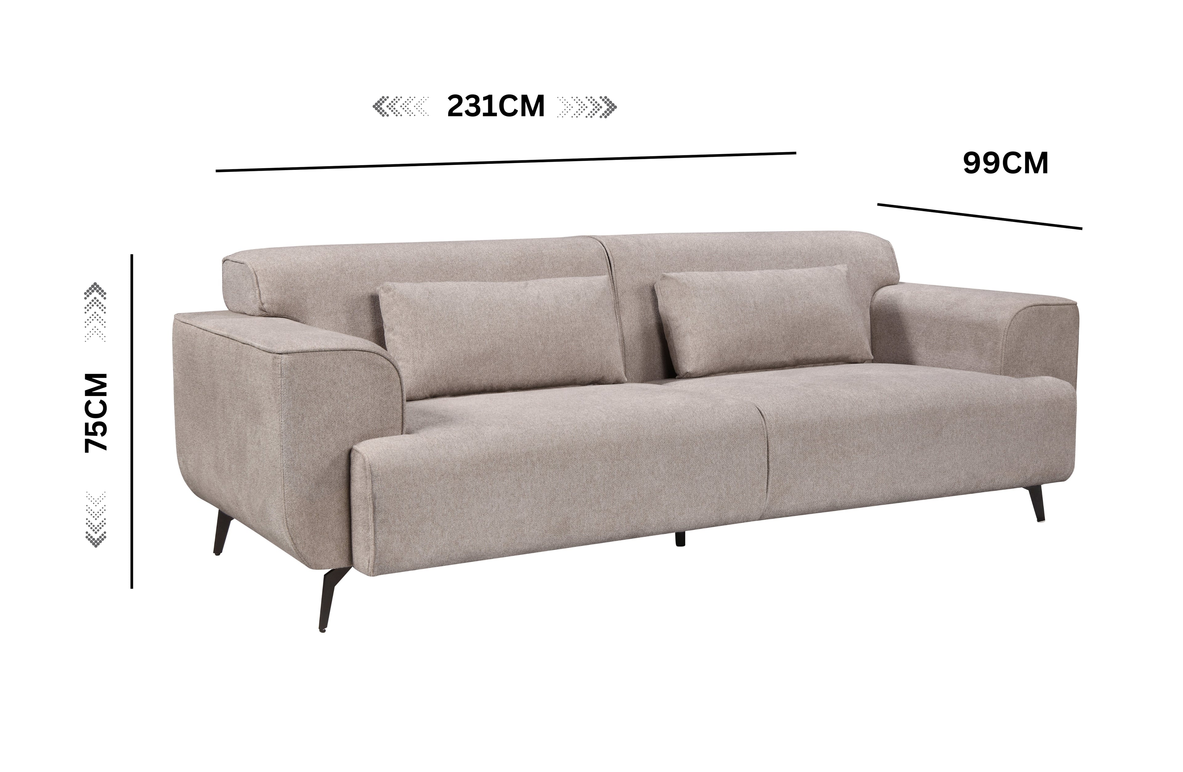 Beige 3-seater fixed sofa with soft-touch fabric upholstery, black metal legs, and matching cushions — dimensions labeled as 231cm wide, 99cm deep, and 75cm high.