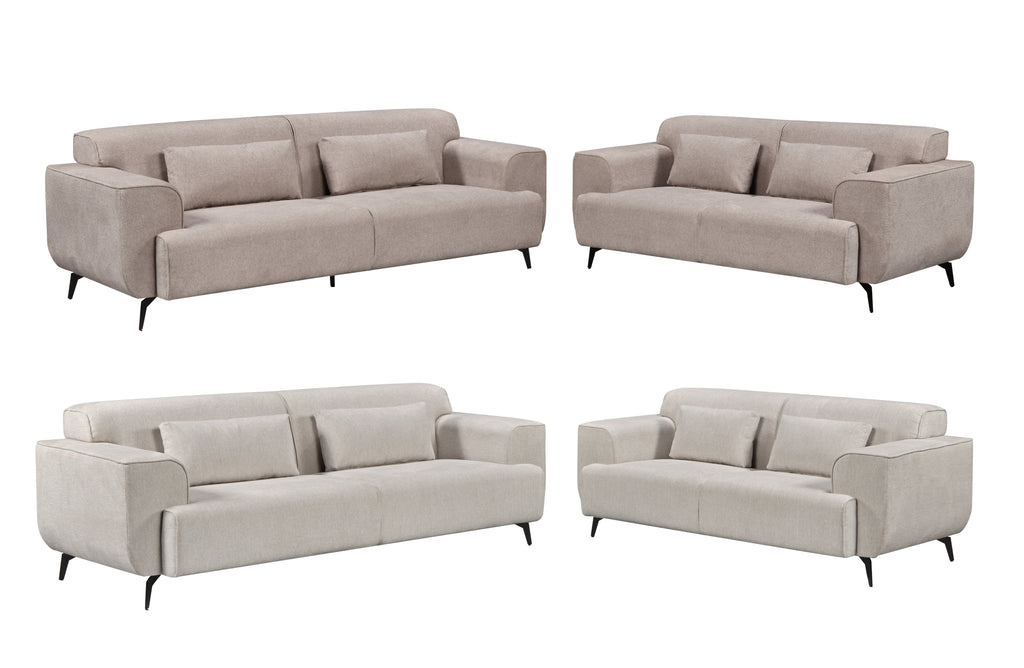 Maddox Lounge Set in Beige and Light Grey, featuring 3-seater and 2-seater fixed sofas with sleek black metal legs, soft-touch upholstery, and matching cushions.