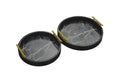 Set of two black round trays with faux marble base and gold handles, medium and small sizes.