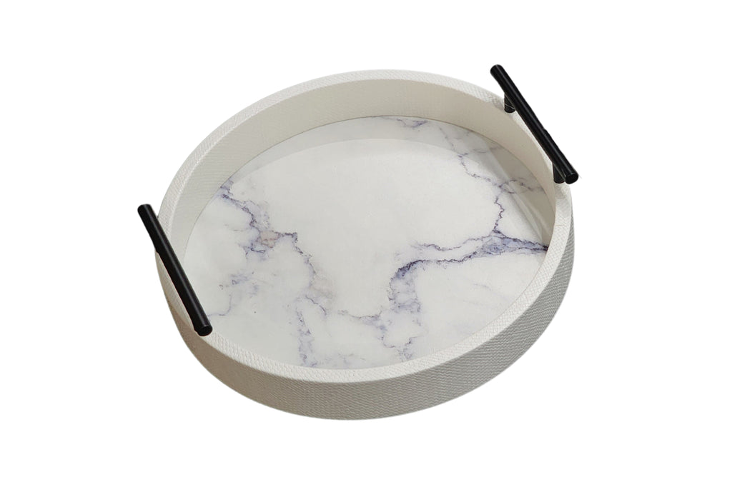 Large white round marble tray with black handles and faux marble base, 40cm diameter.