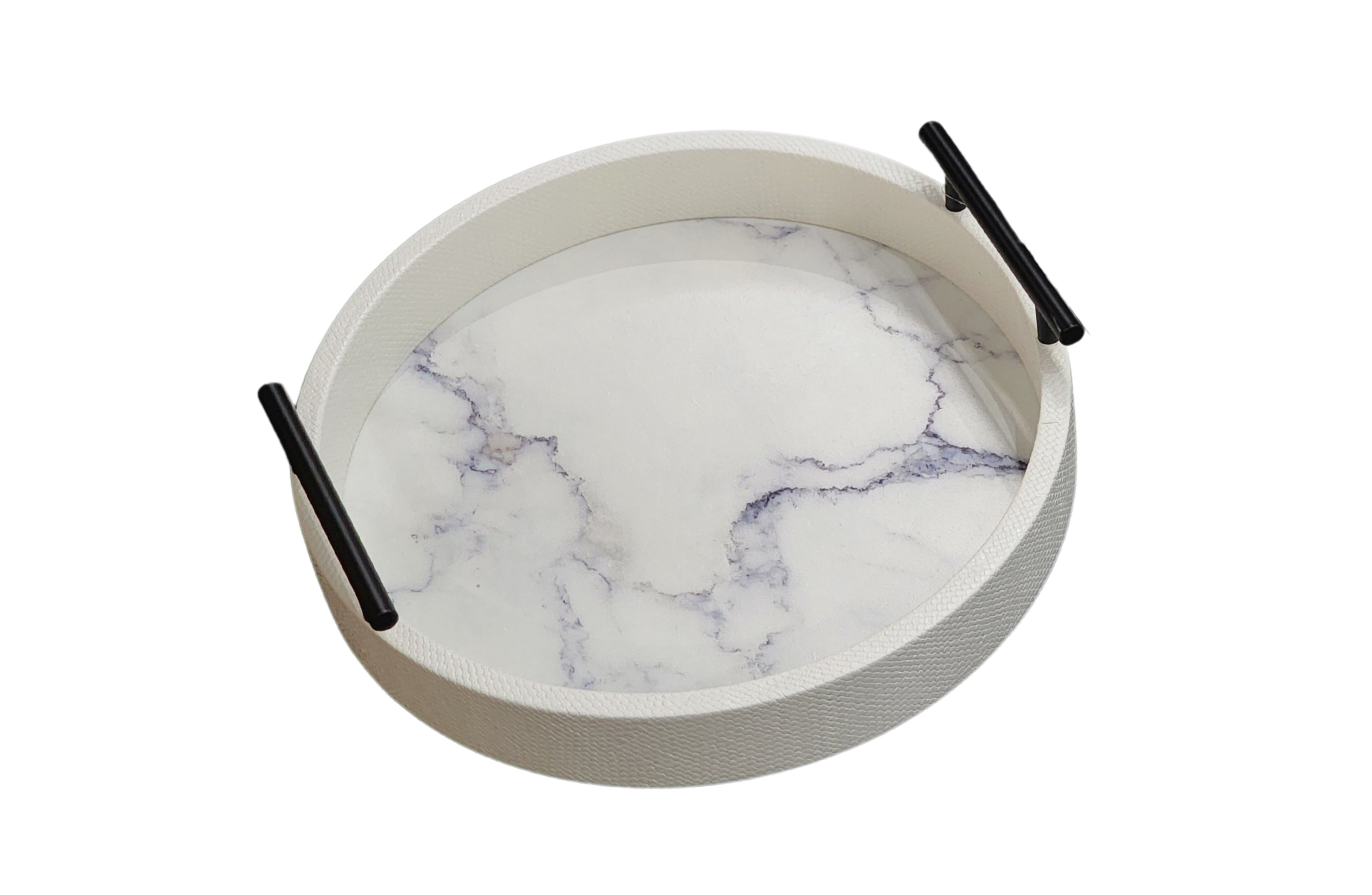 Large white round marble tray with black handles and faux marble base, 40cm diameter.