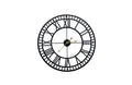 Large black plain metal wall clock with Roman numerals, sleek modern decorative timepiece.