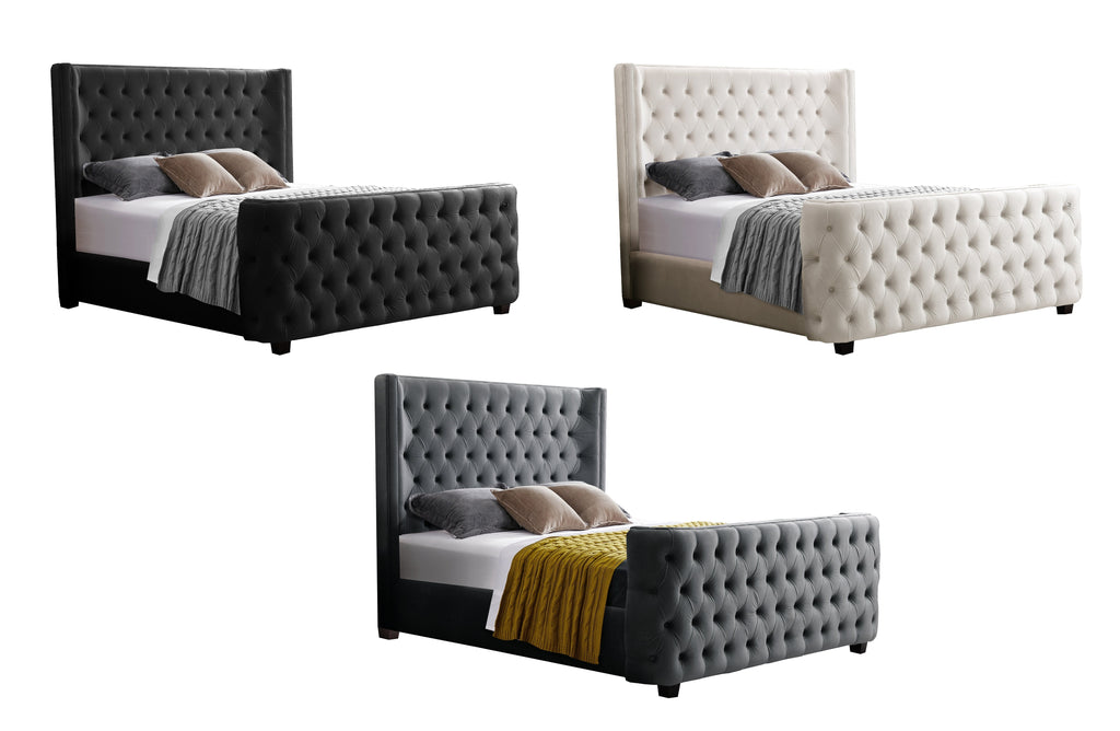 Milan Bed with tufted headboard and end board, in Grey, Cream, and Black velvet. A chesterfield-inspired design available in Queen and King sizes.