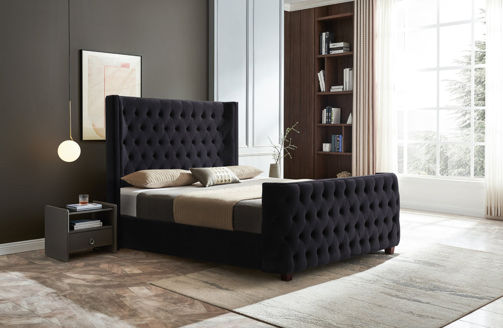 Milan Bed in Black Velvet styled in a modern bedroom, featuring tufted headboard and end board elegance.