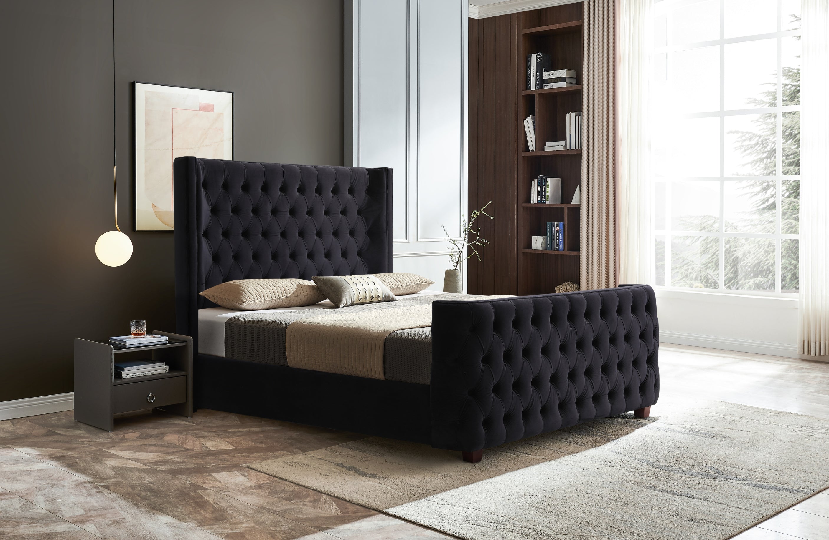 Milan Bed in Black Velvet styled in a modern bedroom, featuring tufted headboard and end board elegance.