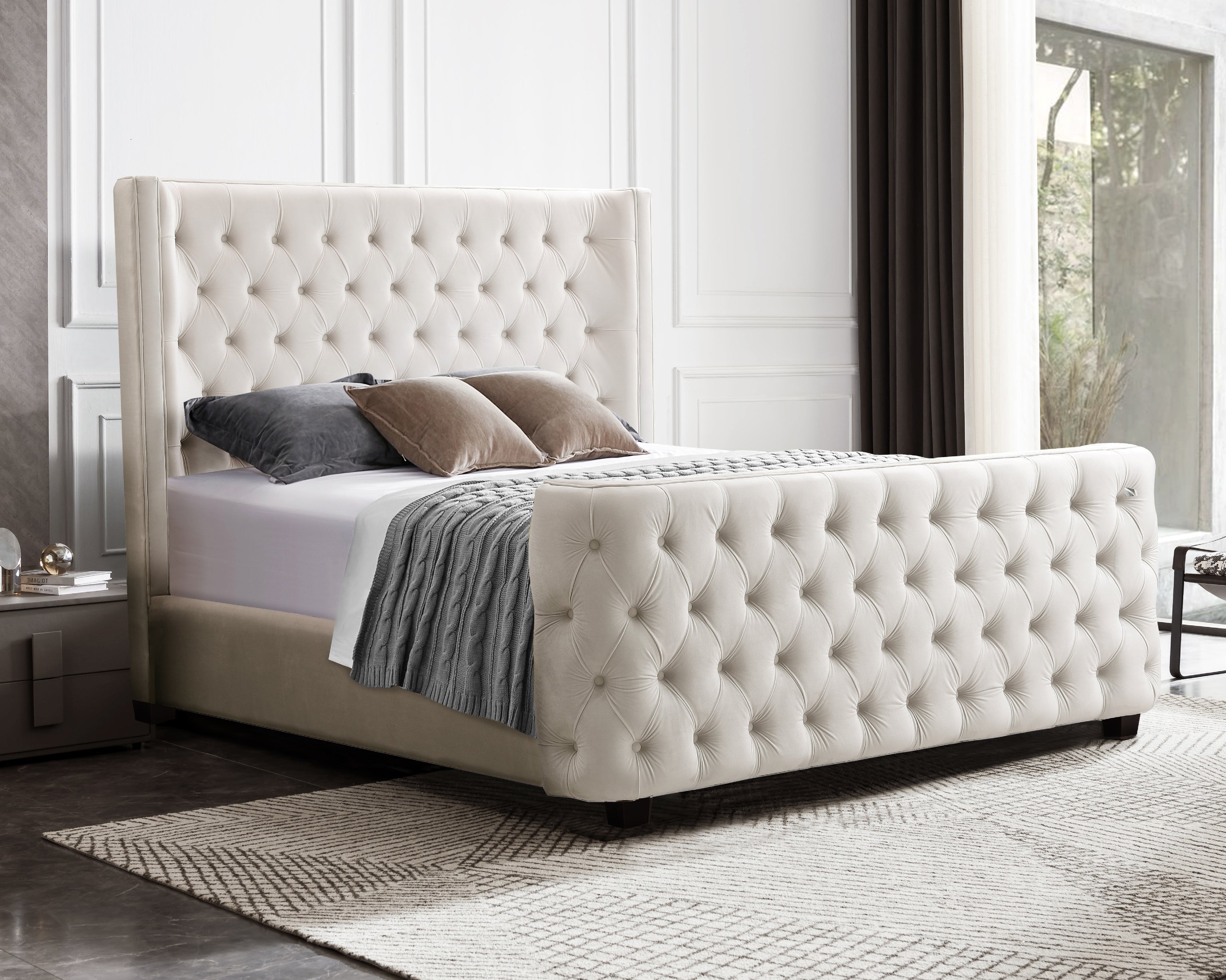 Milan Bed in Cream Velvet styled in a modern bedroom, highlighting tufted headboard and end board elegance.