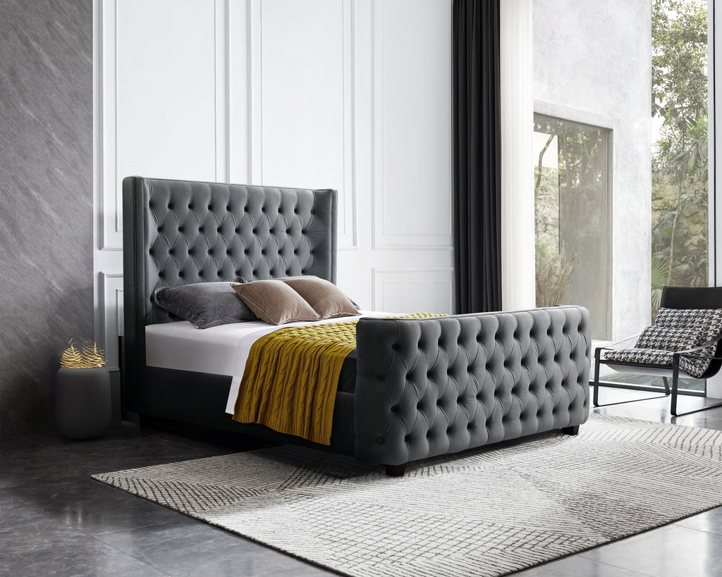 Milan Bed in Grey Velvet styled in a modern bedroom, showcasing tufted headboard and end board elegance.
