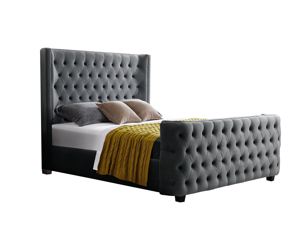 Milan Bed in Grey Velvet featuring plush tufted headboard and end board, crafted for luxury and comfort.