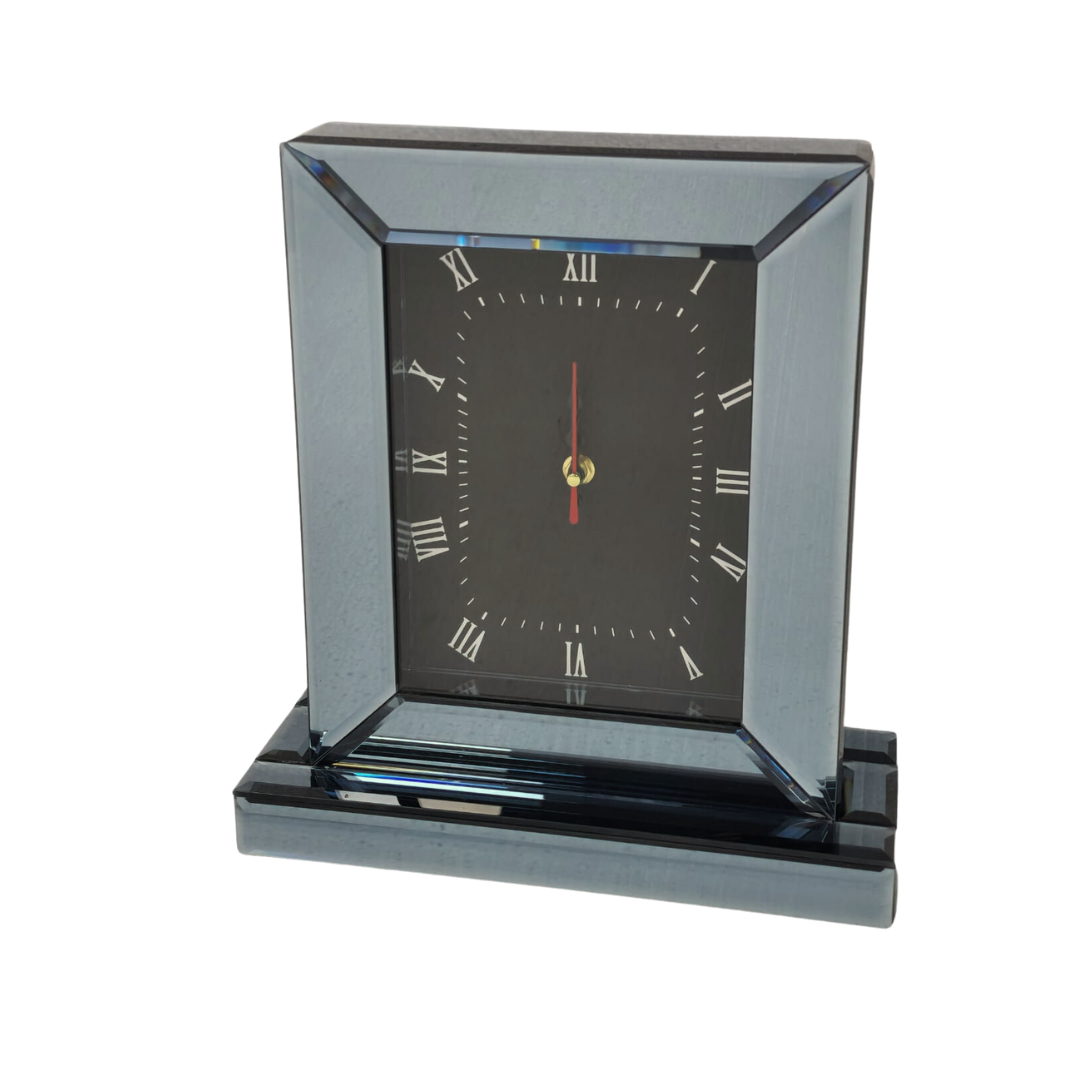 Modern Grey mirrored table clock with Roman numerals, sleek design for home or office.