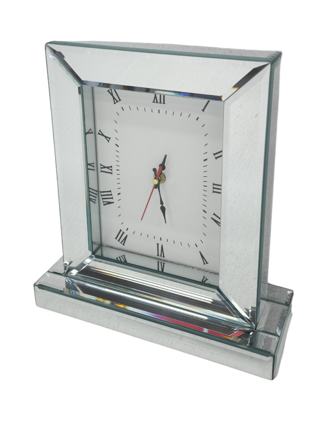 Elegant silver mirrored table clock with Roman numerals, perfect stylish décor accent piece.