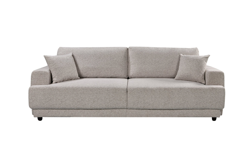 Beige 3-seater Nora sofa bed with plush cushions – sleek, modern, and convertible.