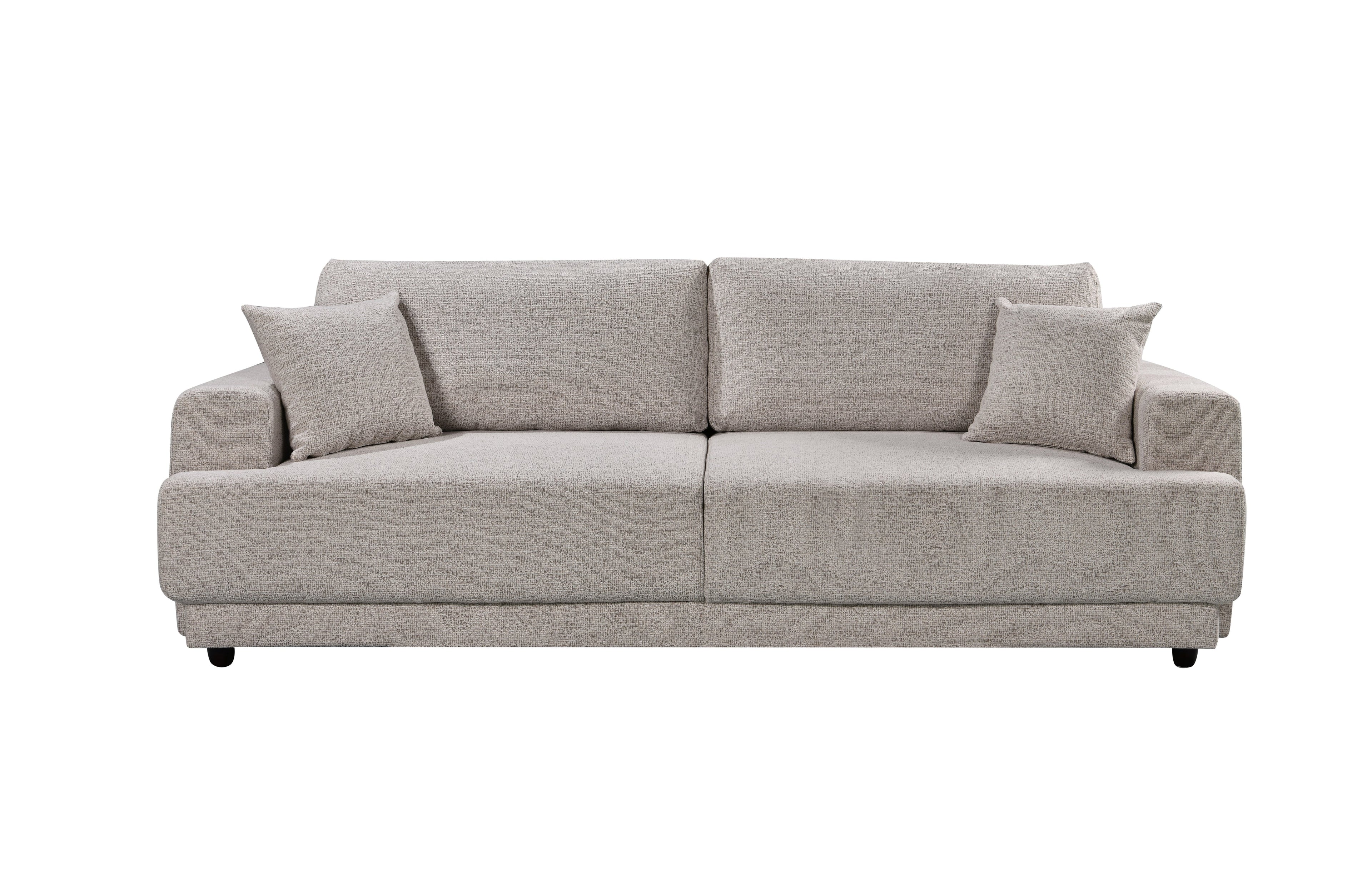 Beige 3-seater Nora sofa bed with plush cushions – sleek, modern, and convertible.