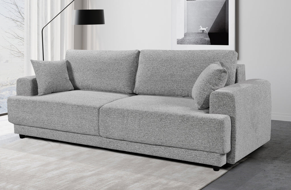 Sophisticated grey Nora sofa with structured arms and soft-touch upholstery – where modern style meets everyday comfort