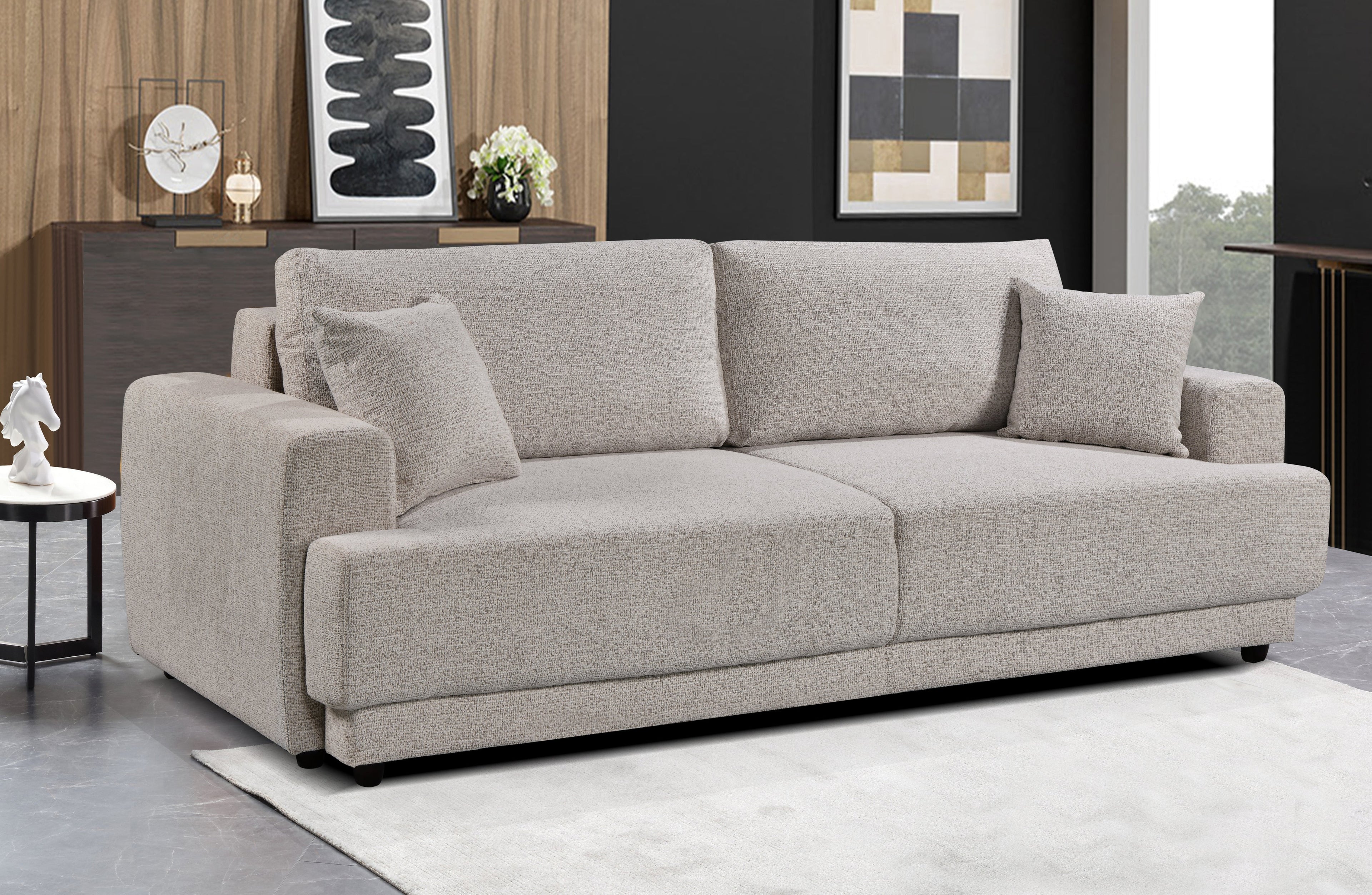 Full Nora sofa bed collection in beige and grey – premium modular set with chaise, sofa beds, and fixed seating options.