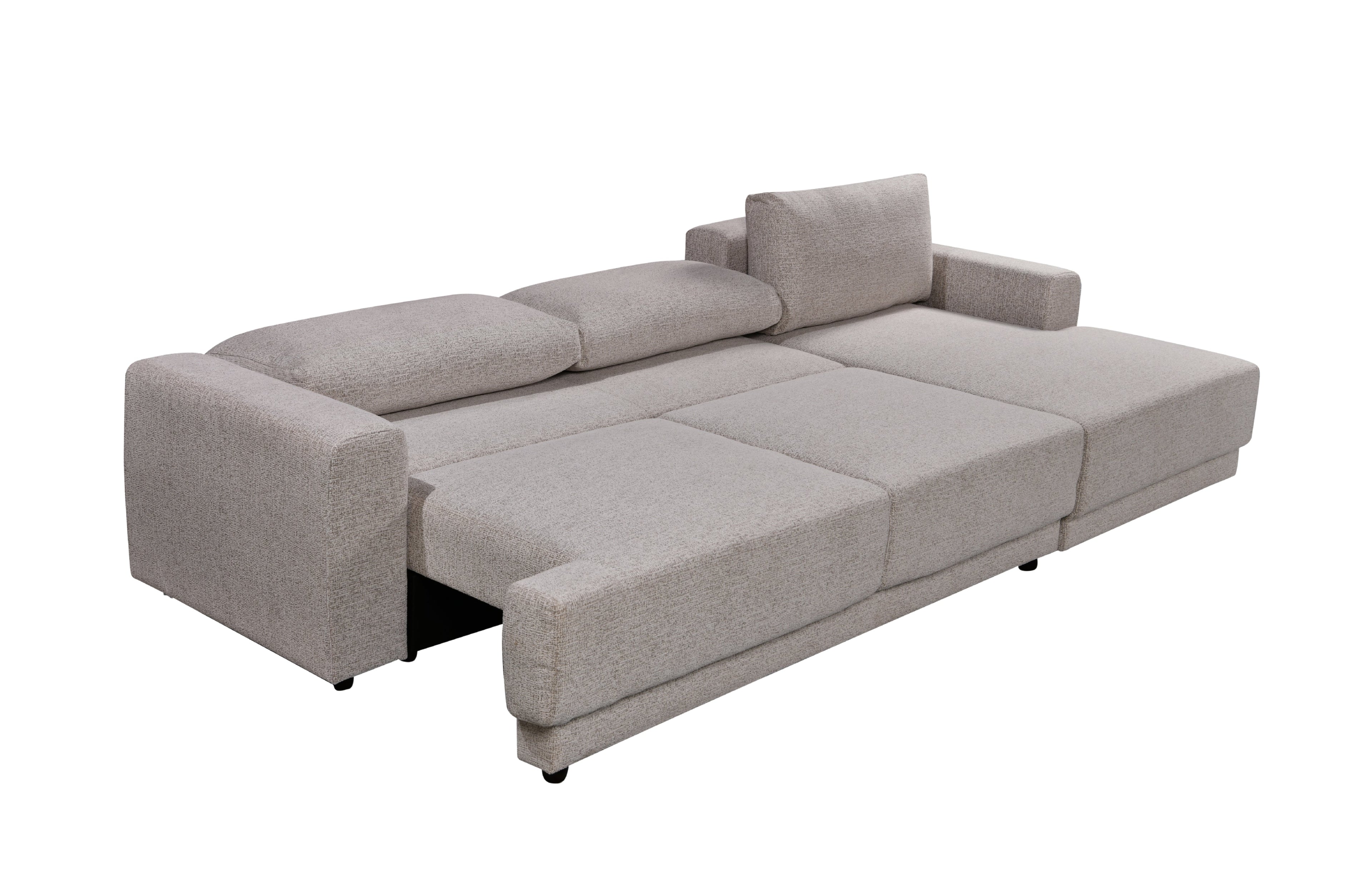 Beige Nora pull-out sofa bed in fully extended position – seamless transformation from stylish sofa to spacious guest bed