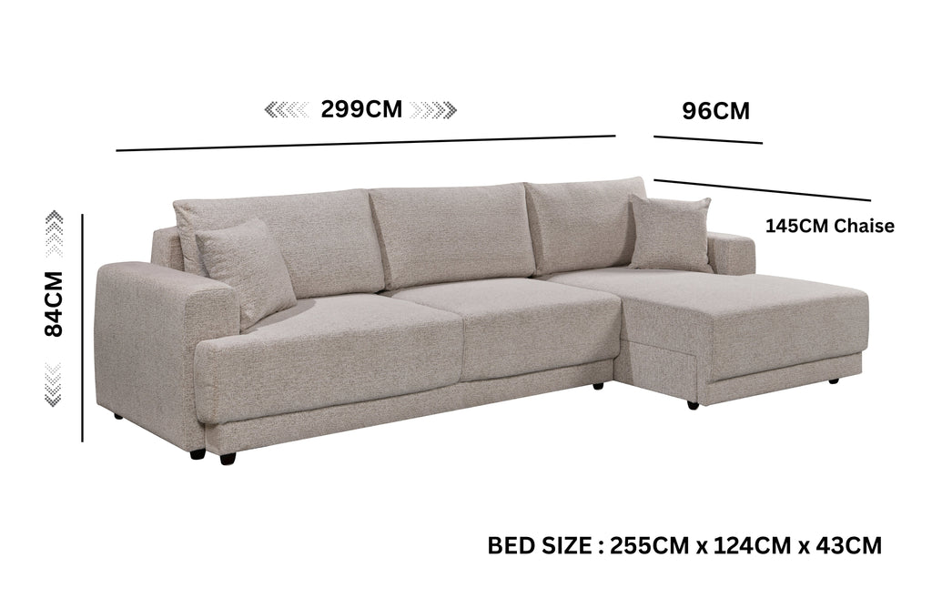 Spacious beige L-shaped Nora chaise lounge with hidden bed – perfect blend of style, comfort, and functionality