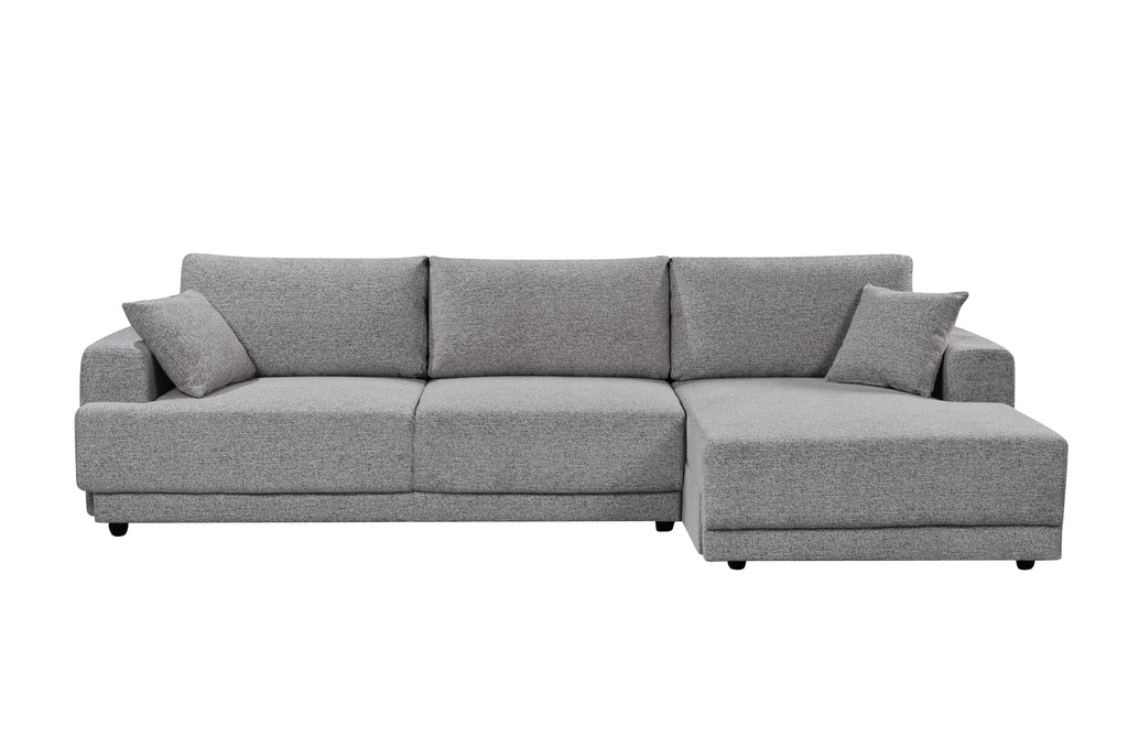 Grey Nora L-shaped sofa with chaise – modern sectional featuring structured arms, plush cushions, and durable upholstery for everyday living