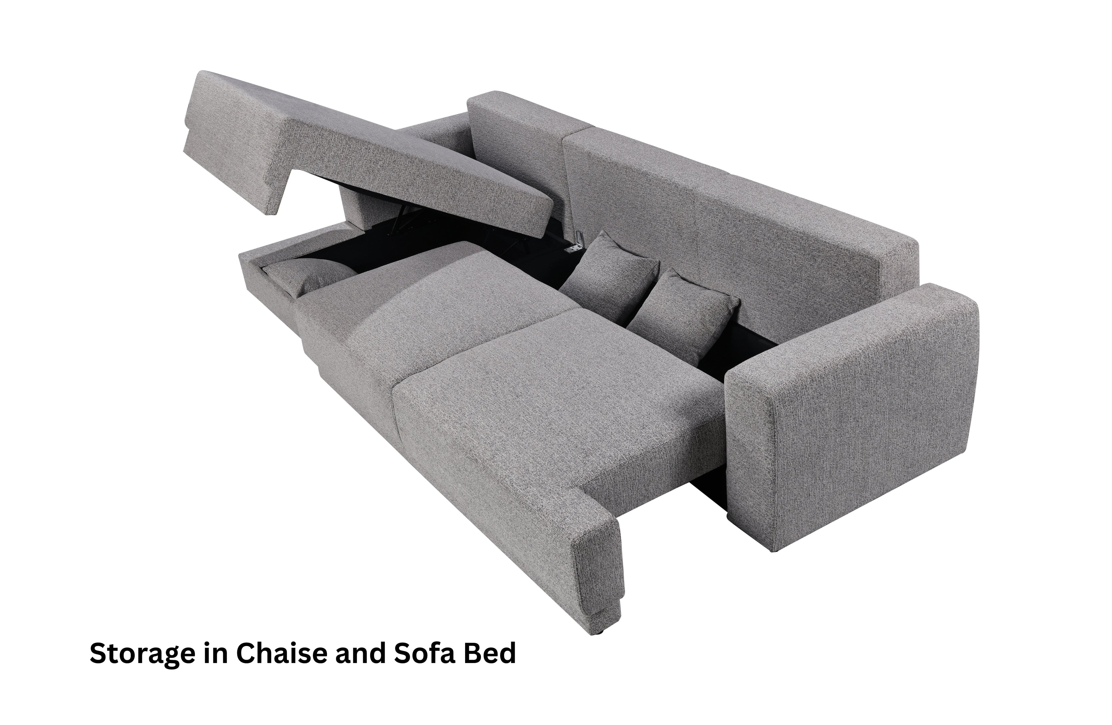 Lift-up storage in Nora chaise lounge and sofa bed – perfect for stashing blankets, pillows, or daily essentials
