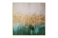 Pacific Green Wall Art – 80x80cm canvas with abstract green and grey tones blended with metallic gold accents, framed in a sleek gold frame