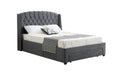 Dark grey velvet bed angled view.
