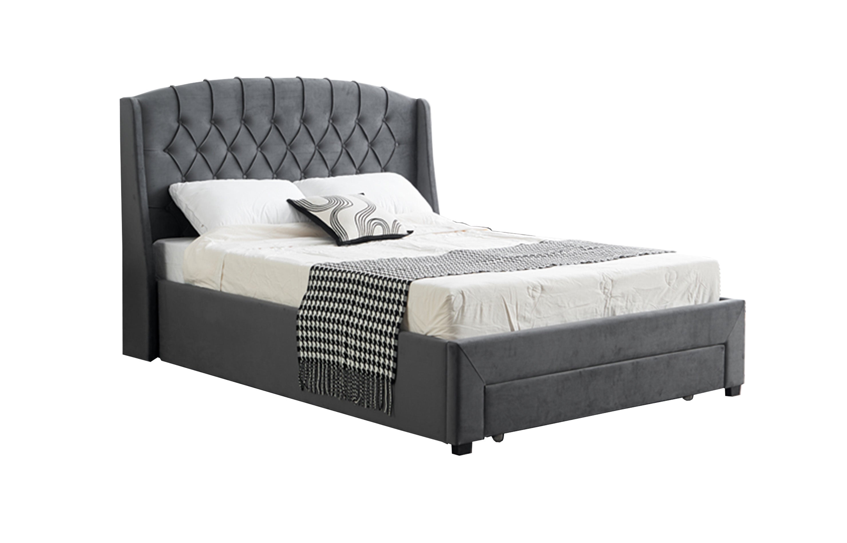 Dark grey velvet bed angled view.