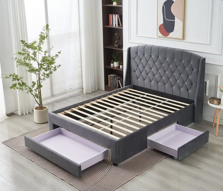 Dark grey velvet bed with storage drawers.