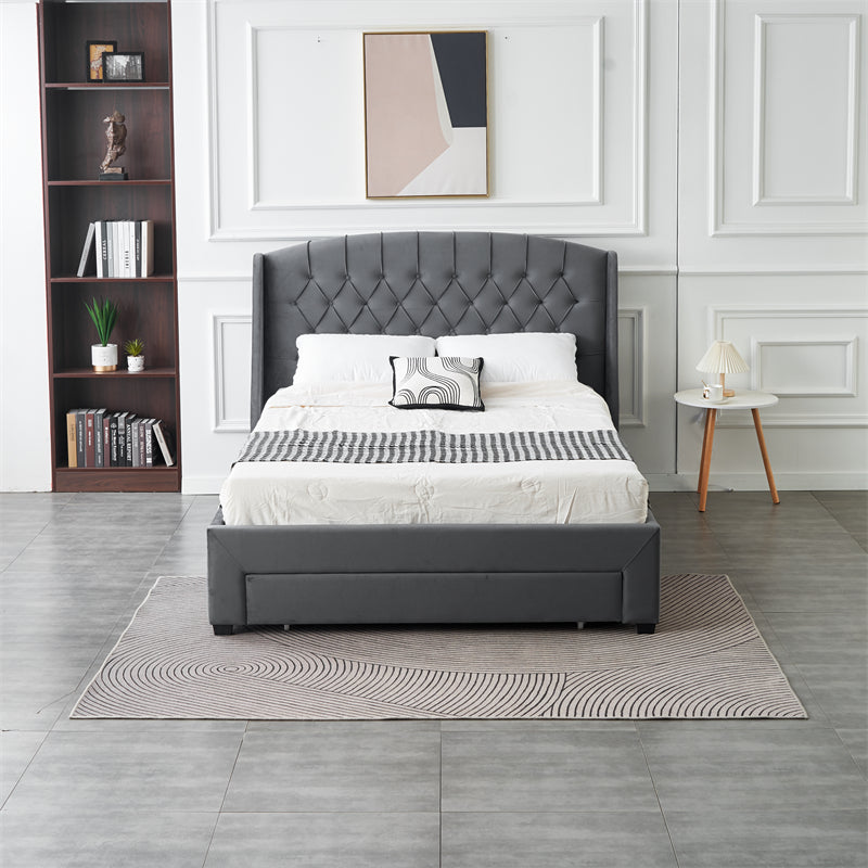 Dark grey velvet bed front view.