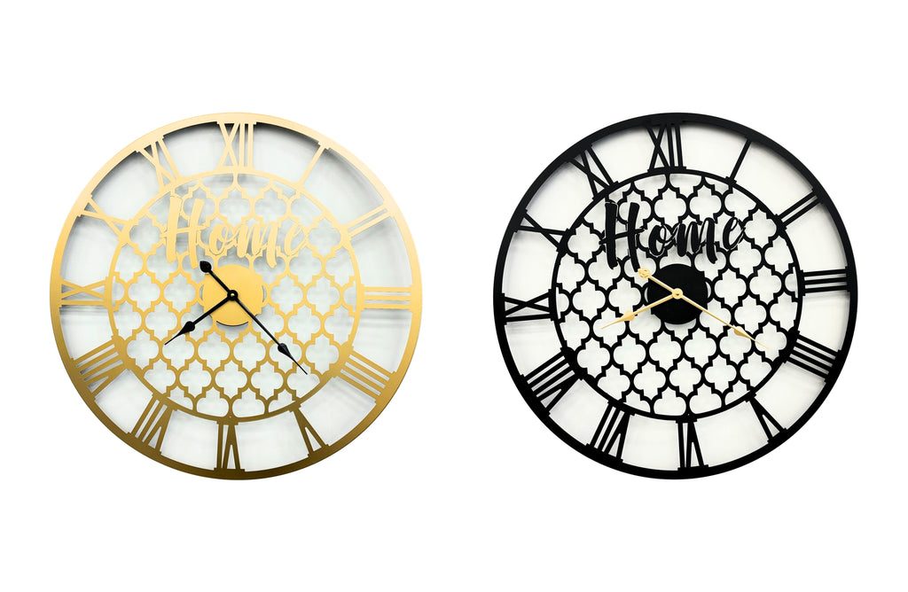 Decorative quatrefoil wall clocks in black and gold, luxury design perfect for modern homes.