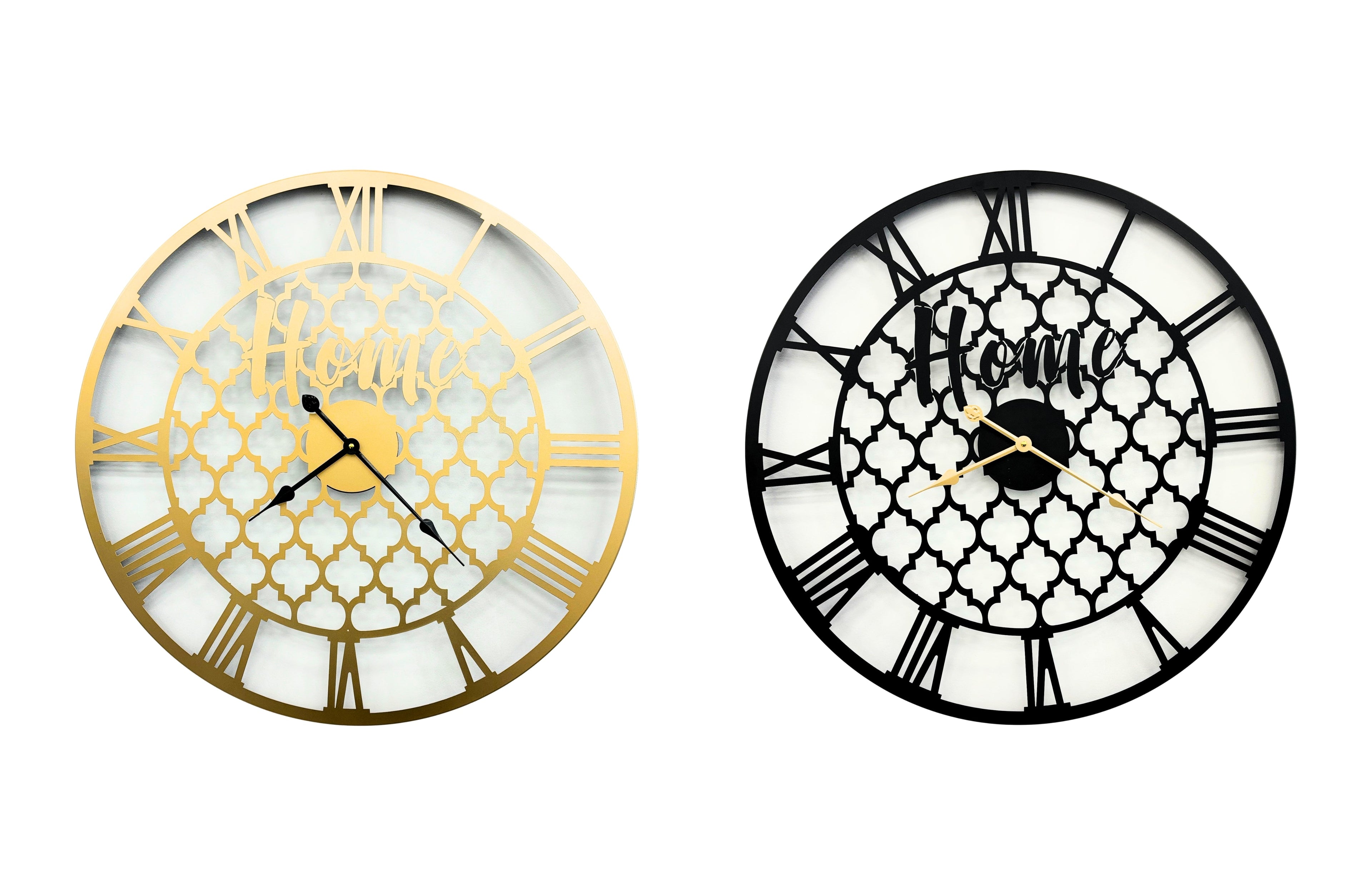 Decorative quatrefoil wall clocks in black and gold, luxury design perfect for modern homes.
