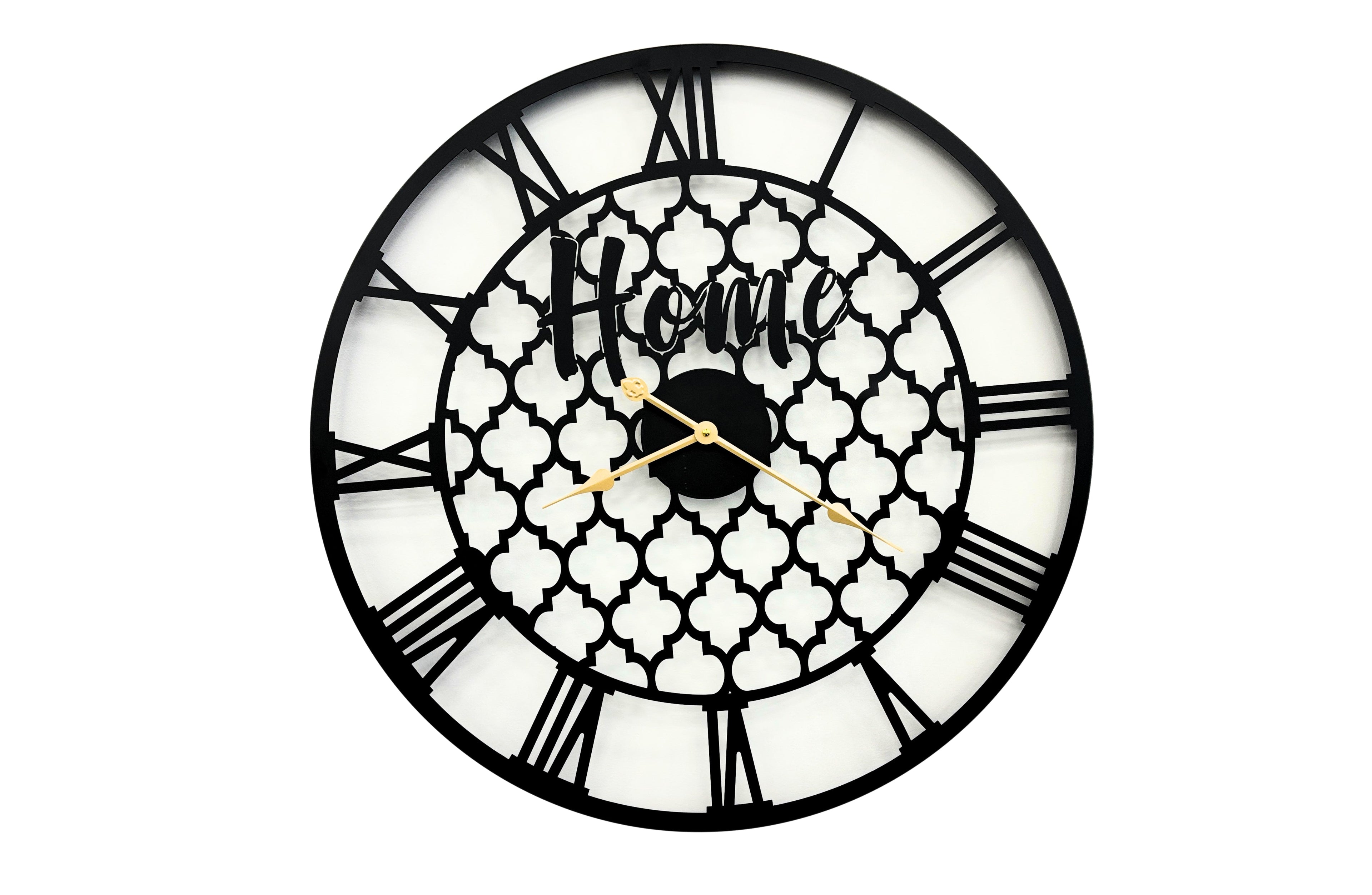 Large black quatrefoil patterned wall clock with golden hands, bold and sophisticated décor.