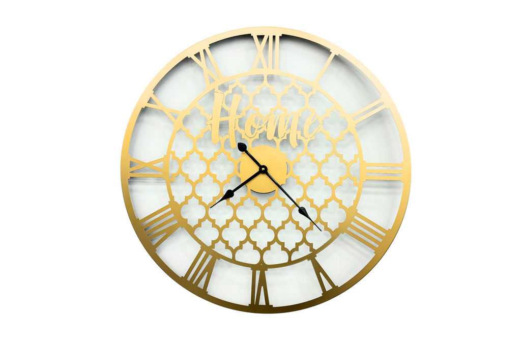 Large gold quatrefoil patterned wall clock with Roman numerals, elegant statement décor piece.