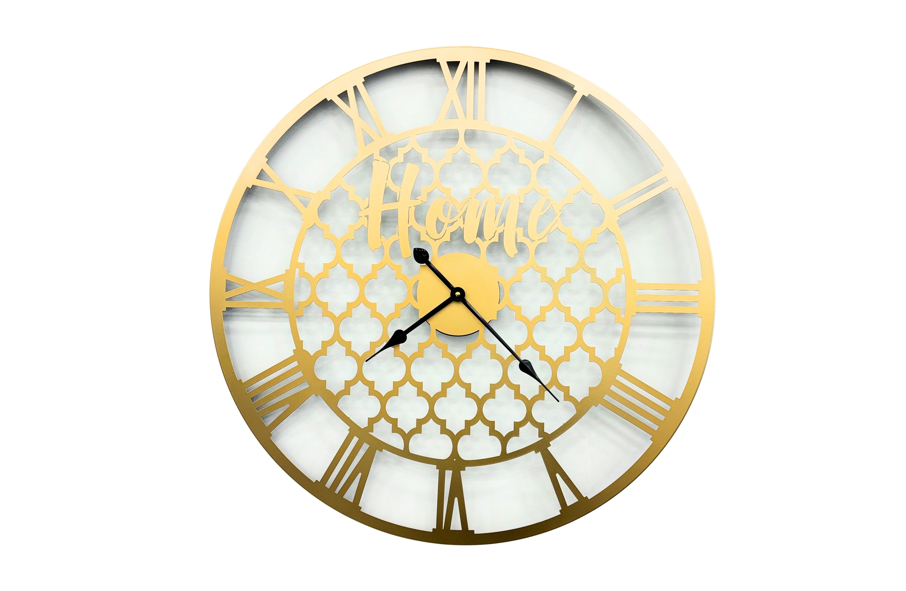 Large gold quatrefoil patterned wall clock with Roman numerals, elegant statement décor piece.