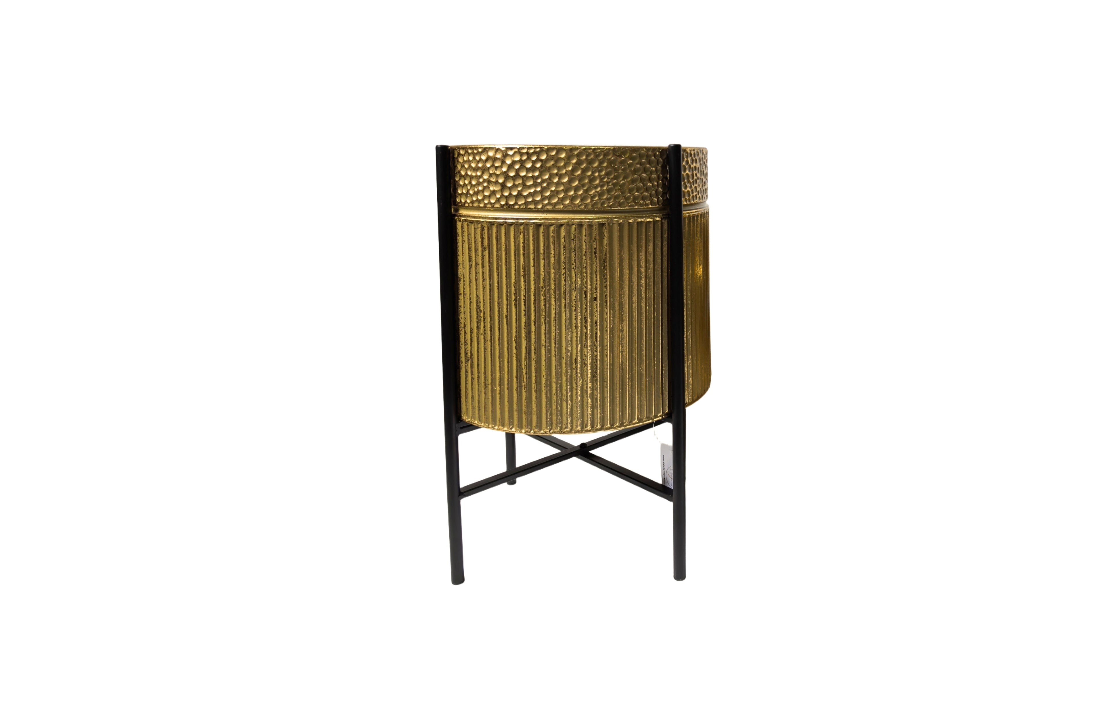 Rex Large Gold Planter – 30x30x45cm with textured gold foil body and black metal stand, perfect for indoor or outdoor décor