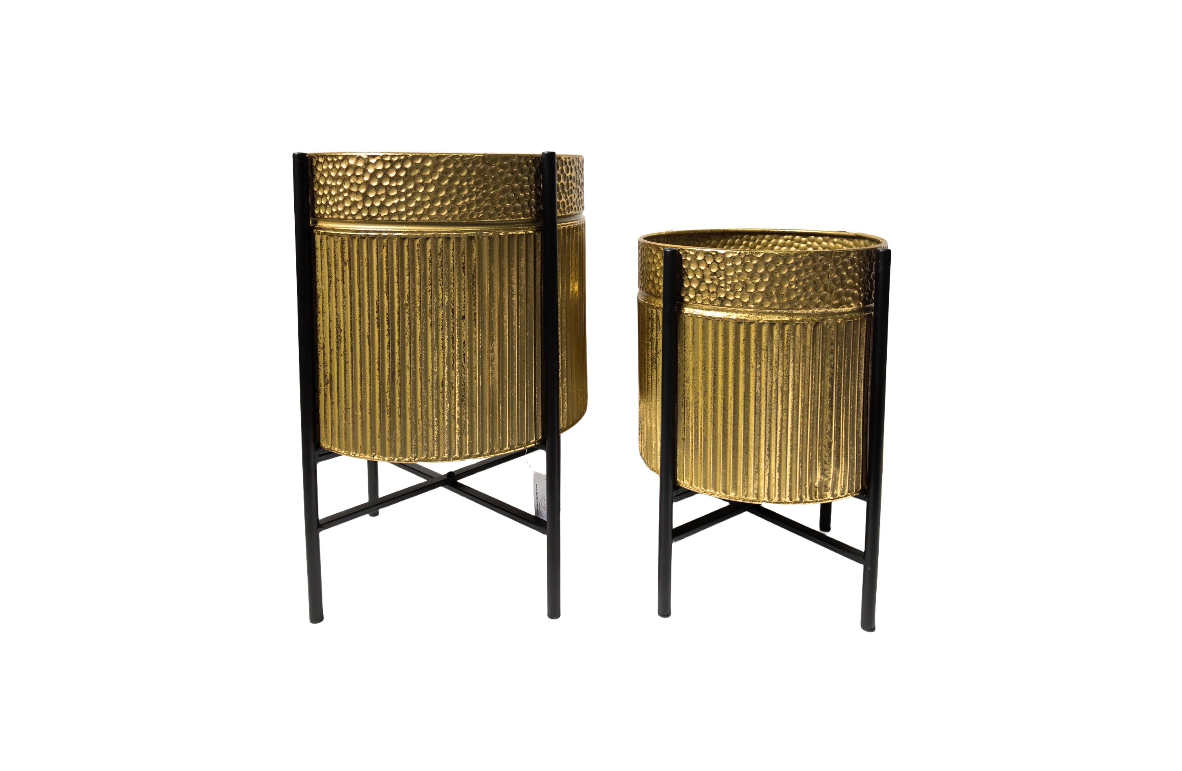 Rex Gold Planter Set of 2 with textured gold foil finish and black metal stand – contemporary indoor/outdoor planters in two sizes