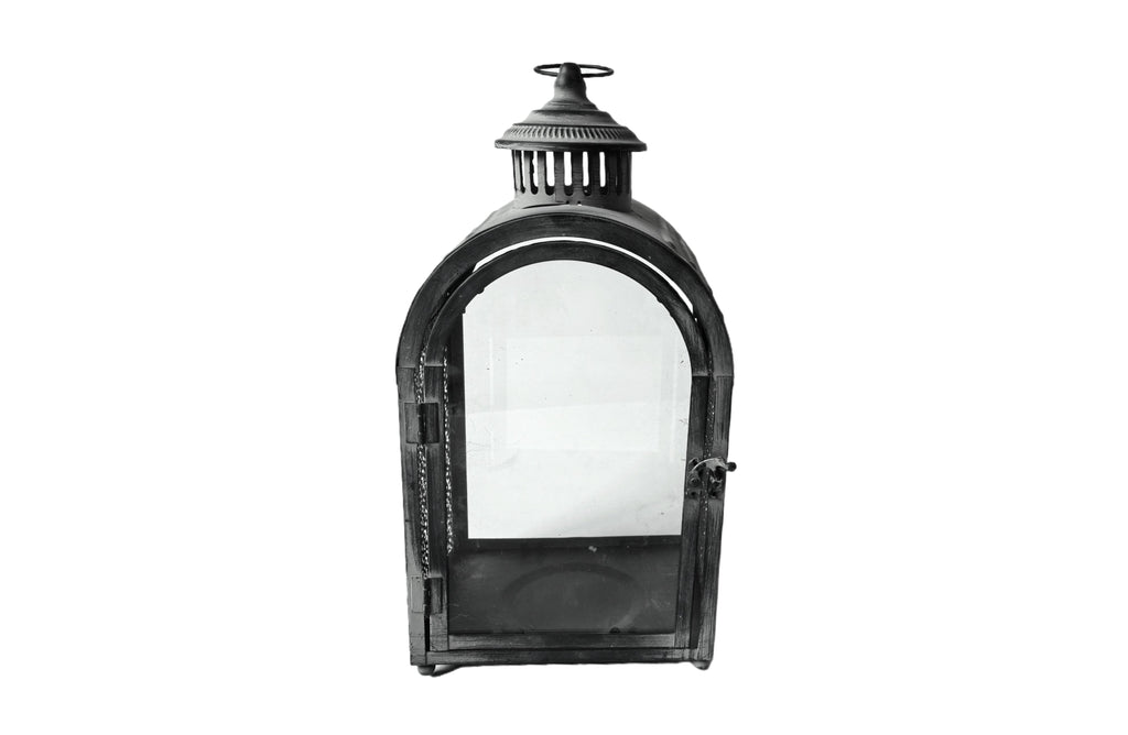 Large Rustic Arch Lantern – 42cm tall metal lantern with arched top, glass panels, and distressed finish, perfect for ambient home lighting