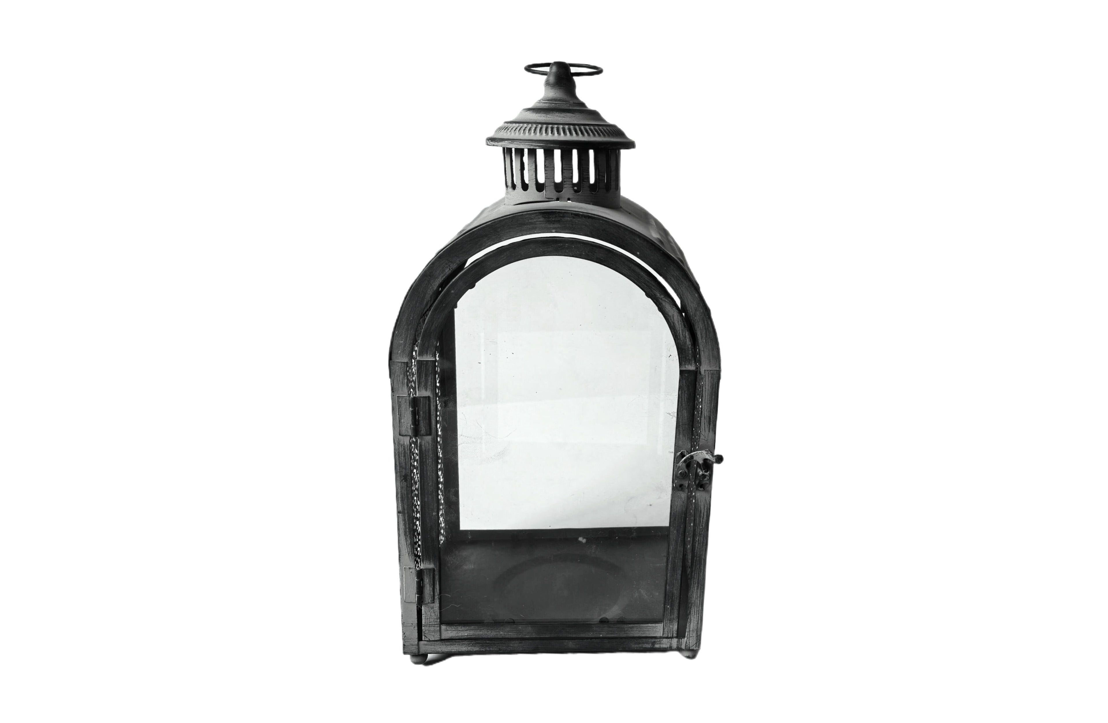 Large Rustic Arch Lantern – 42cm tall metal lantern with arched top, glass panels, and distressed finish, perfect for ambient home lighting