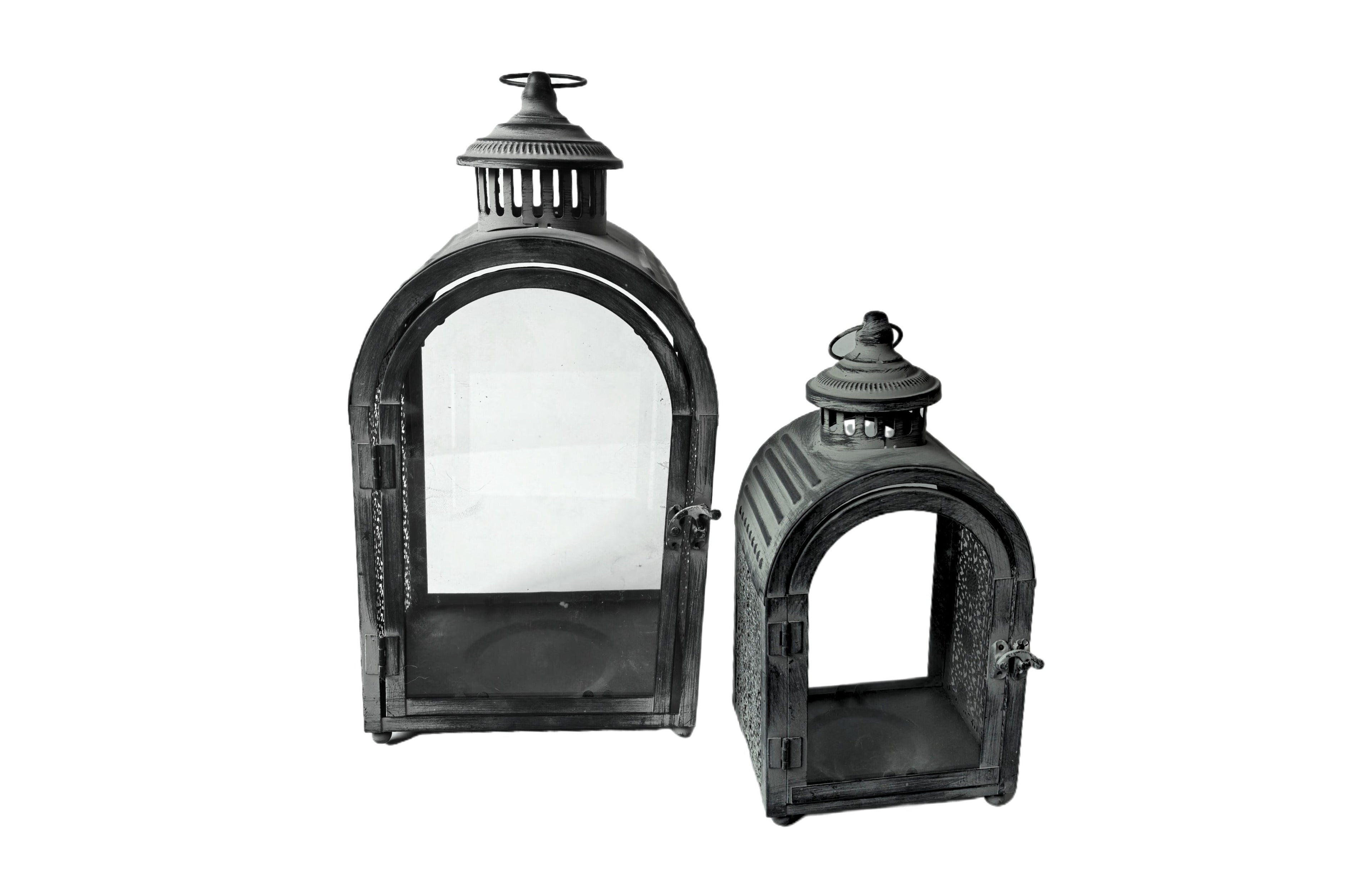 Rustic Arch Lantern Set of 2 crafted from metal with a distressed finish – includes small and large lanterns for decorative or ambient lighting