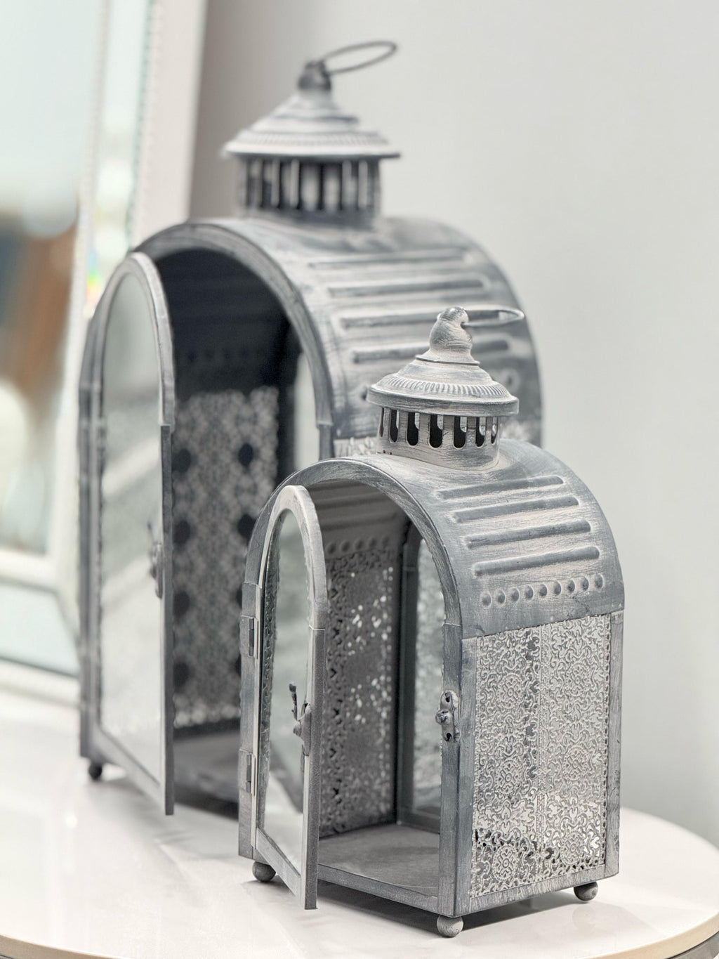 ide view of Rustic Arch Lantern Set – featuring ornate metalwork and arched structure, ideal for candles or LED lighting display