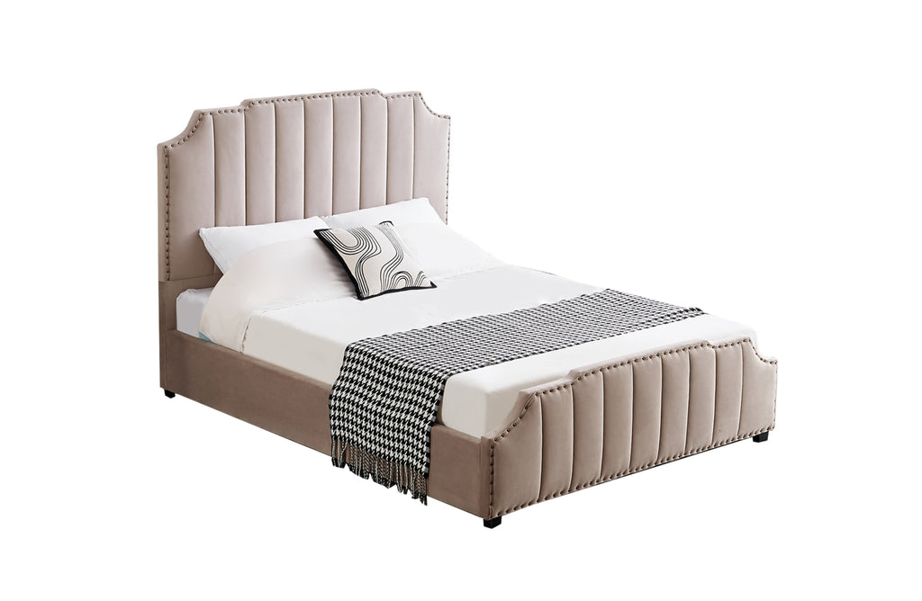 Santosa Velvet Bed in Champagne shown at an angle, featuring tufted headboard and end board.