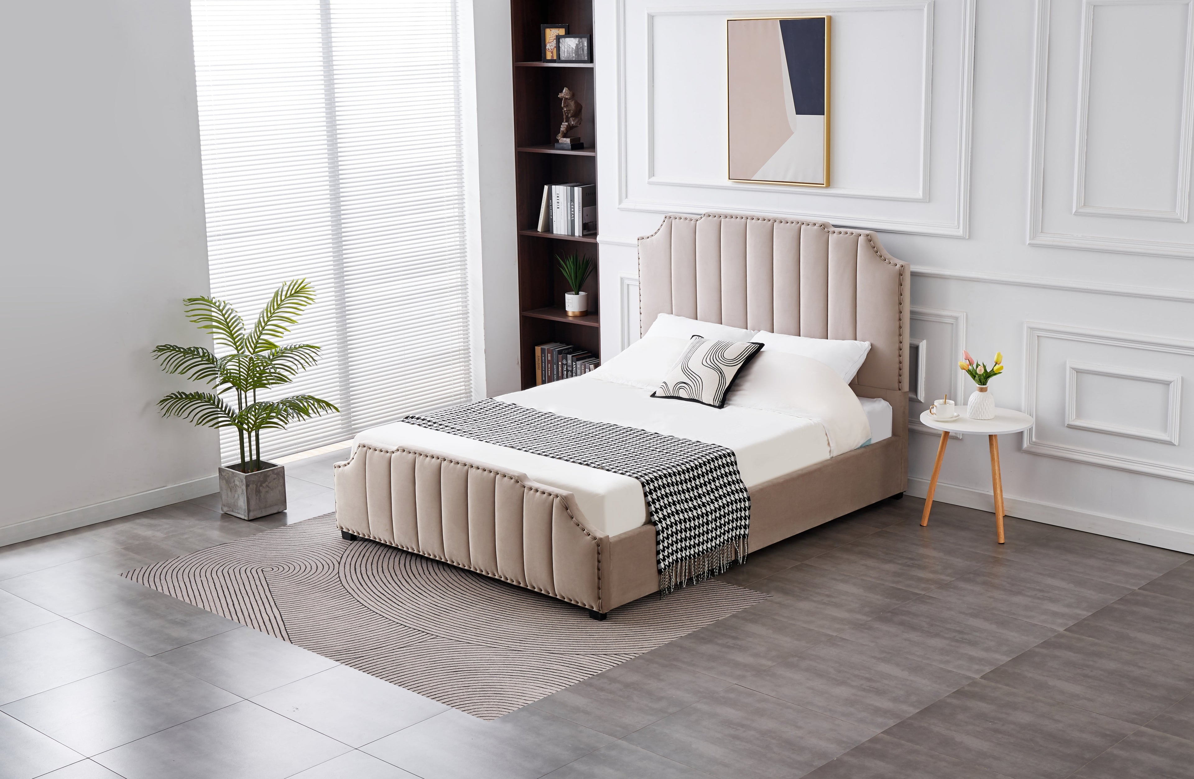 Santosa Champagne Velvet Bed styled in a modern bedroom setting.