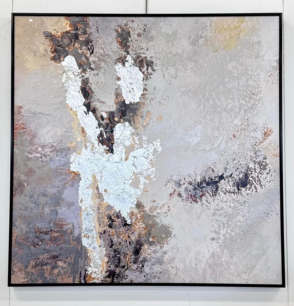 Modern abstract silver marble canvas with bold foil accents, framed in black, 80x80cm.