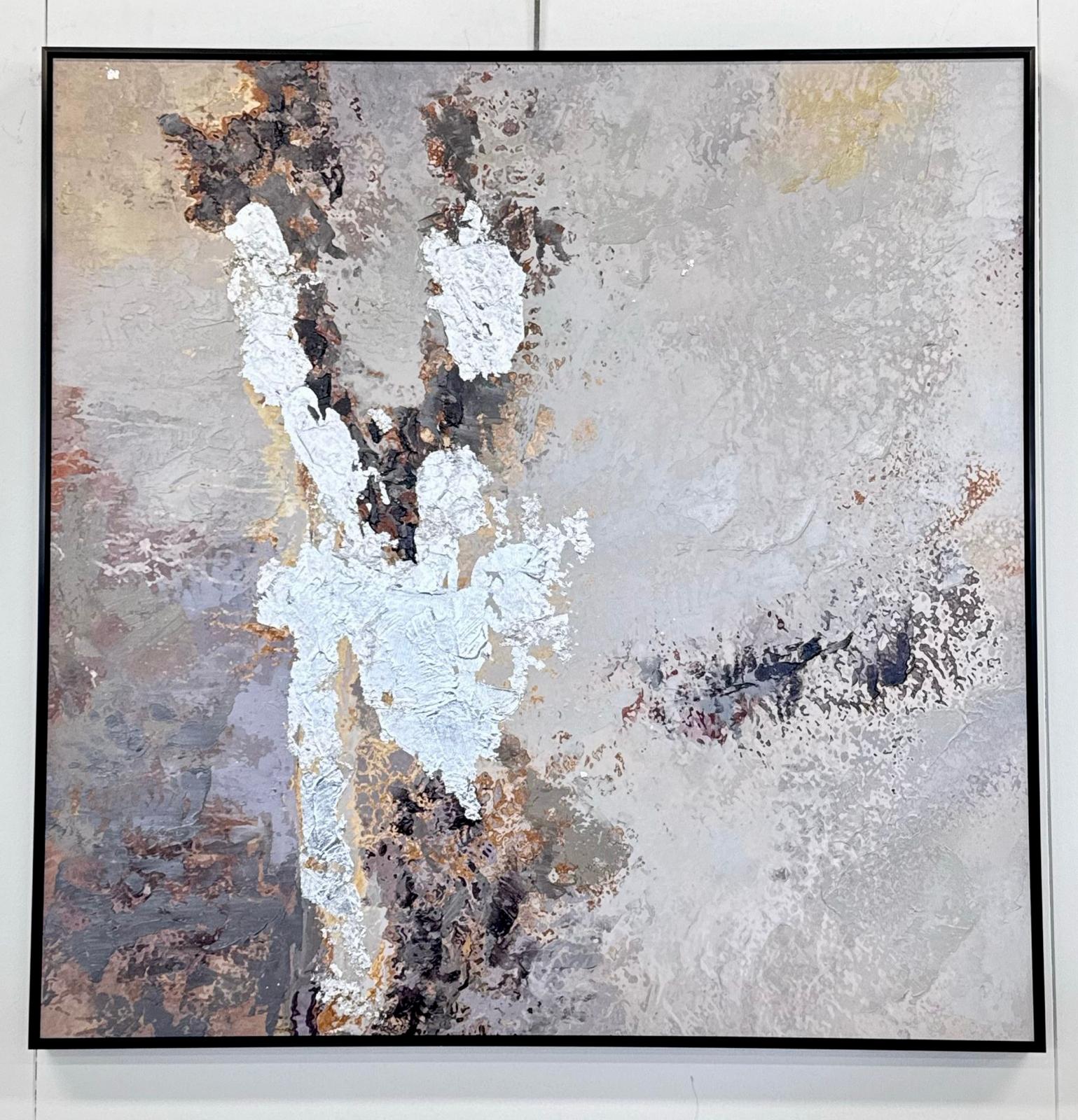 Modern abstract silver marble canvas with bold foil accents, framed in black, 80x80cm.