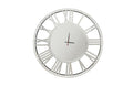 Large silver mirrored Roman numeral clock, elegant wall décor for modern stylish interiors.