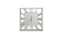 Elegant silver mirrored square wall clock with Roman numerals, perfect modern decorative timepiece.
