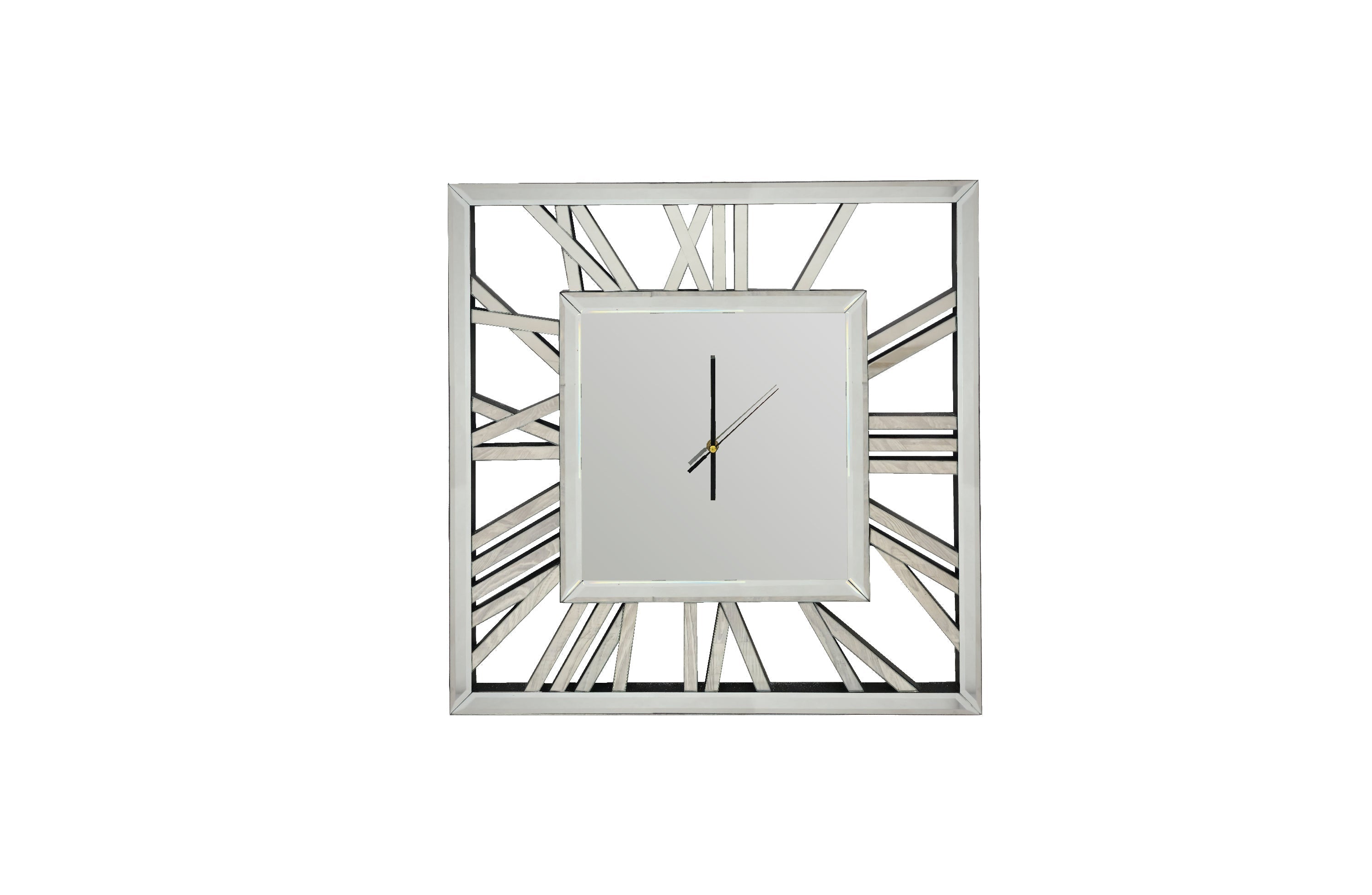 Elegant silver mirrored square wall clock with Roman numerals, perfect modern decorative timepiece.