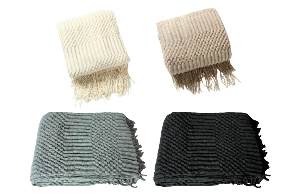 Tessa Throw Rug Blanket in black, brown, cream, and grey – soft textured design with fringe, perfect for couch, bed, or décor accent.