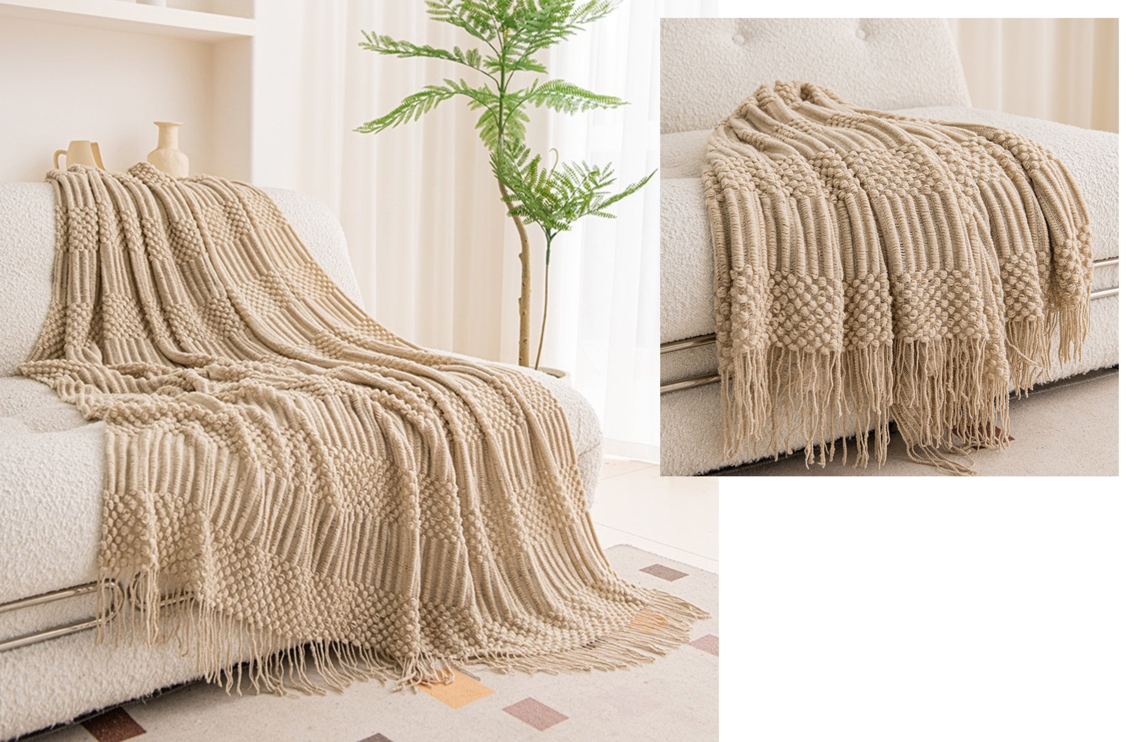  Folded brown Tessa throw rug blanket showcasing a cozy woven texture with fringe trim.