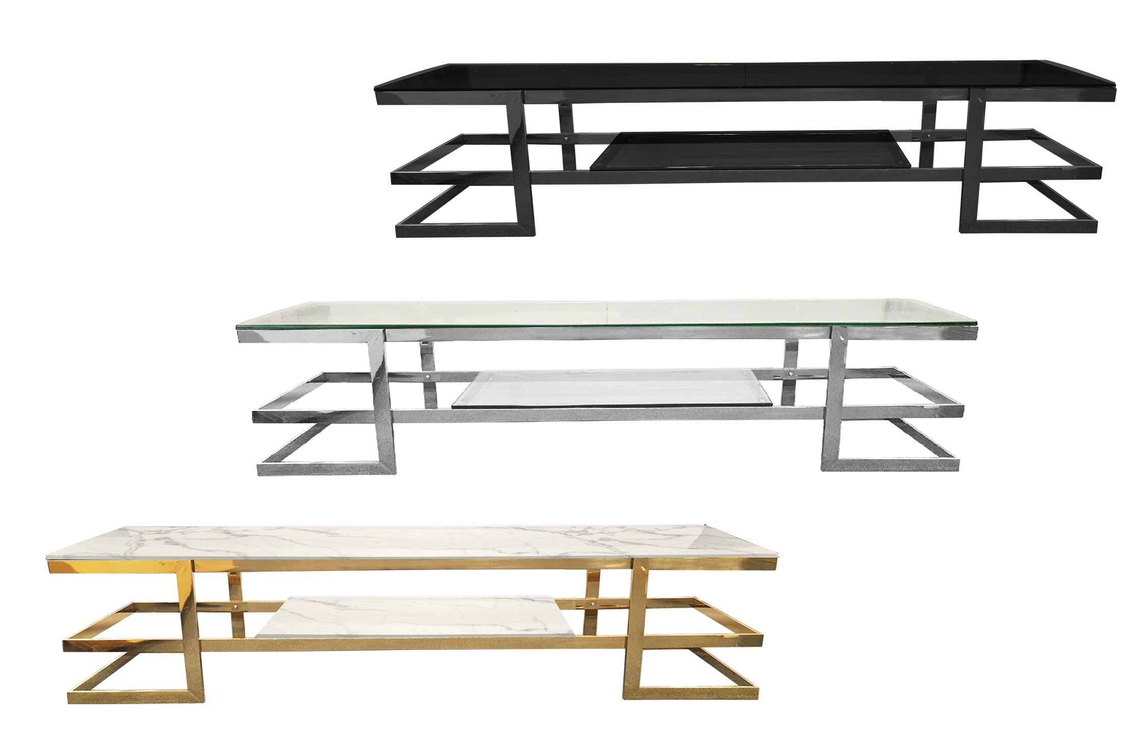 Alexa TV Unit collection in black, silver, and gold frames with glass or marble tops.