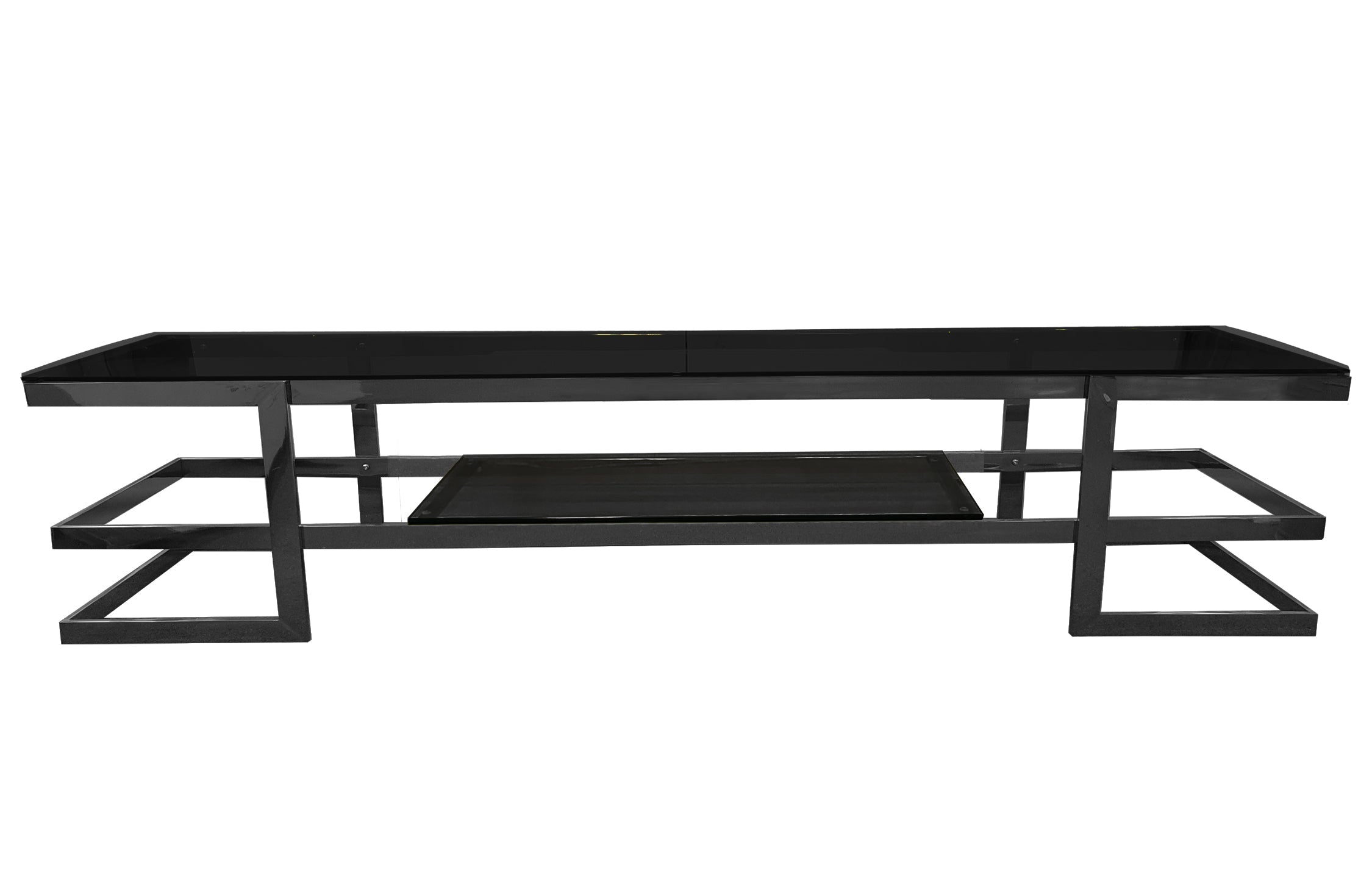 Alexa TV Unit with bold black frame and matching black tempered glass top and shelf.