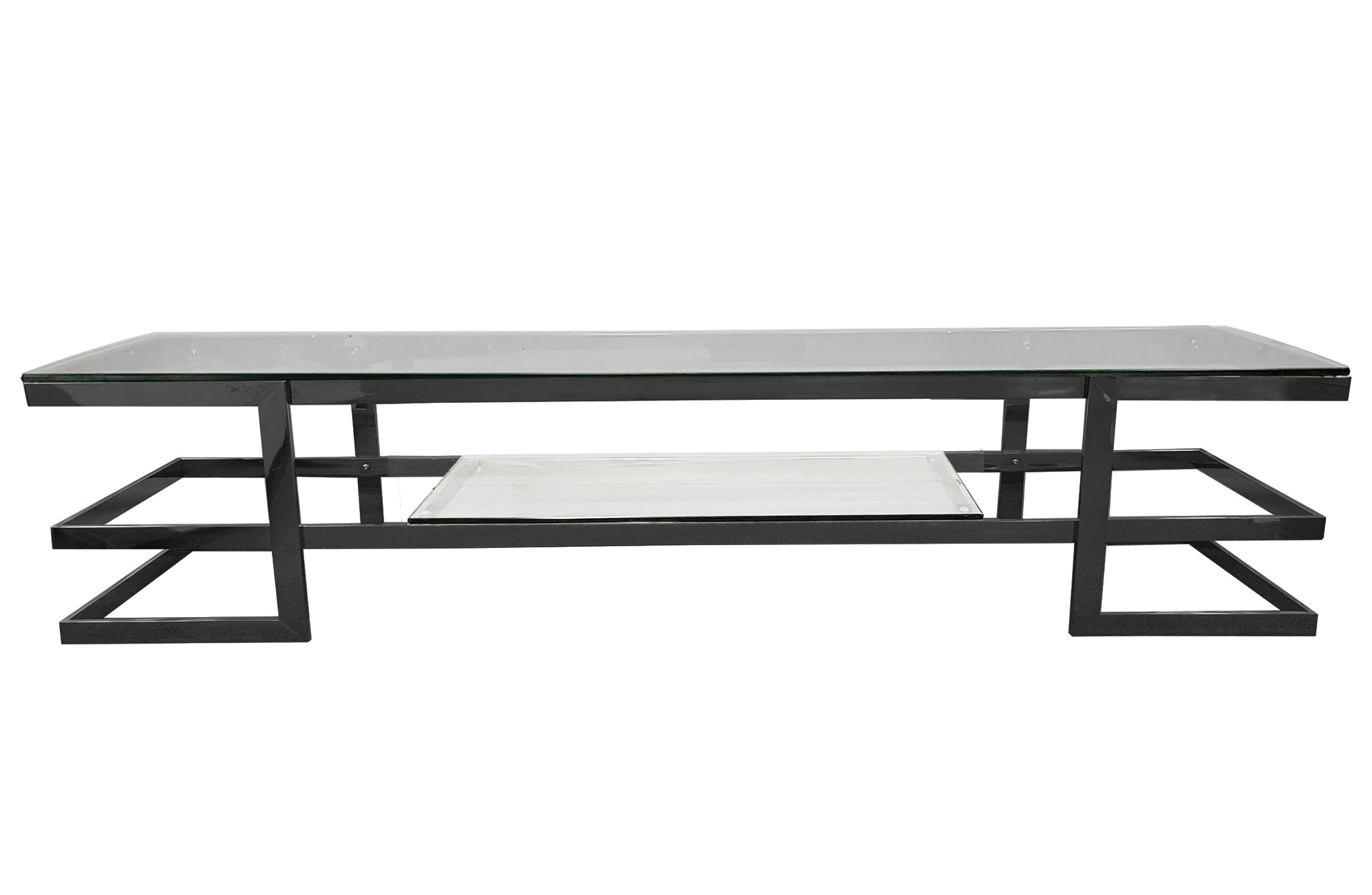 Alexa TV Unit in sleek black frame with clear tempered glass top and open shelf.